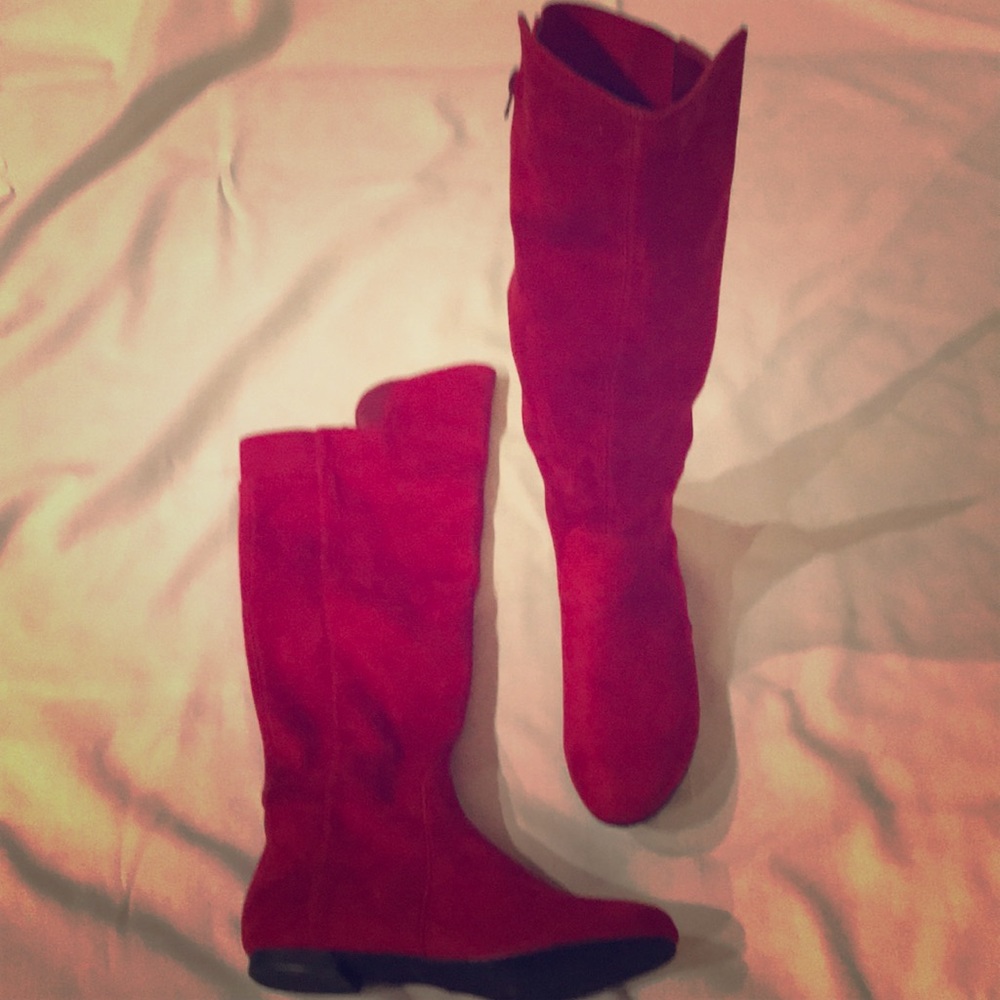 Red Micro-Suede Knee Boots